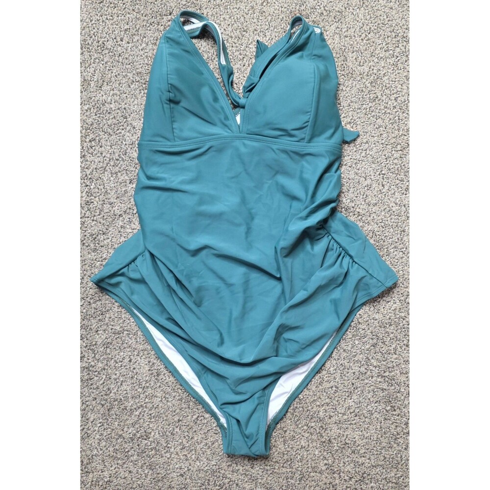 NWT Cupshe One Piece Swimsuit Size XL Green Ruched Slimming Tie Back